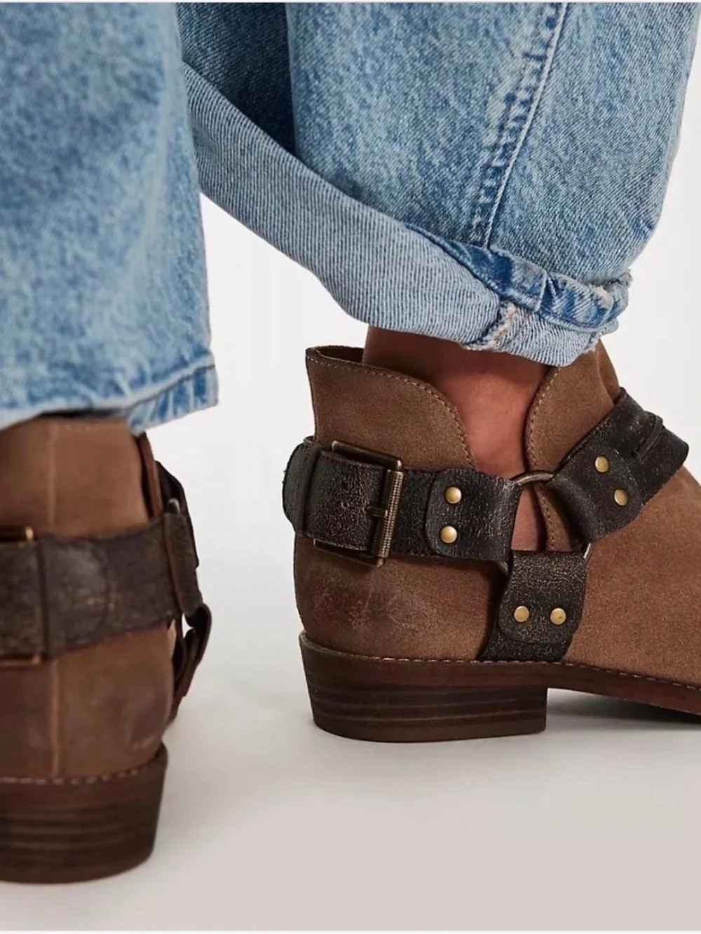 Free People Belle Harness Boots Brown Suede Leather Ankle Booties Buckle Size 8